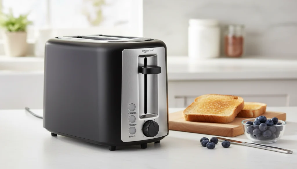A modern black and silver two-slice toaster sitting on a kitchen counter next to two slices of toasted bread on a wooden board and a small glass bowl of fresh blueberries.