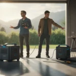 Zwei Männer vergleichen Anker SOLIX 3 Pro und EcoFlow PowerStream Powerstationen mit Solarmodulen im großen Test 2026.