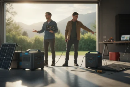 Zwei Männer vergleichen Anker SOLIX 3 Pro und EcoFlow PowerStream Powerstationen mit Solarmodulen im großen Test 2026.