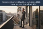 Mann prüft sein Balkonkraftwerk mit Speicher zum Nachrüsten vor einer urbanen Skyline für das Upgrade 2026.