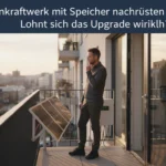 Mann prüft sein Balkonkraftwerk mit Speicher zum Nachrüsten vor einer urbanen Skyline für das Upgrade 2026.