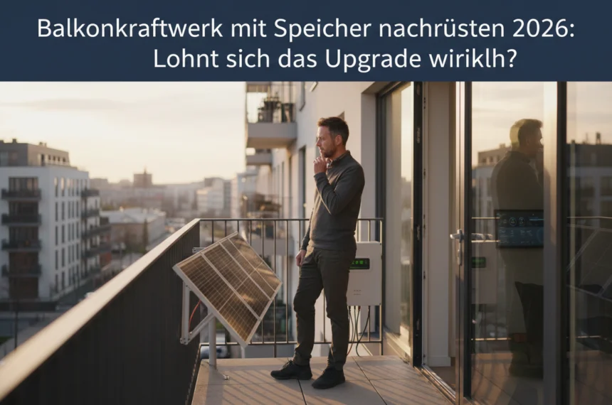 Mann prüft sein Balkonkraftwerk mit Speicher zum Nachrüsten vor einer urbanen Skyline für das Upgrade 2026.