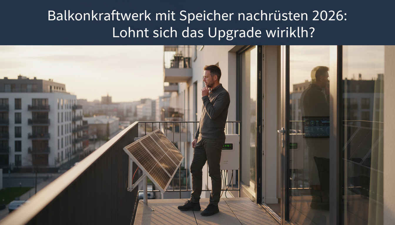 Mann prüft sein Balkonkraftwerk mit Speicher zum Nachrüsten vor einer urbanen Skyline für das Upgrade 2026.