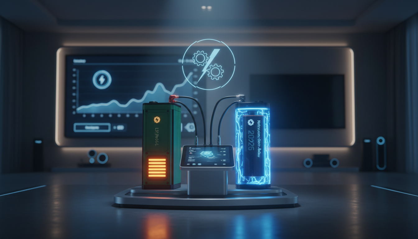 LiFePO4 gegen Natrium-Ionen-Akku im Vergleich: Zwei leuchtende Stromspeicher in einer modernen Smart Home Umgebung 2026.