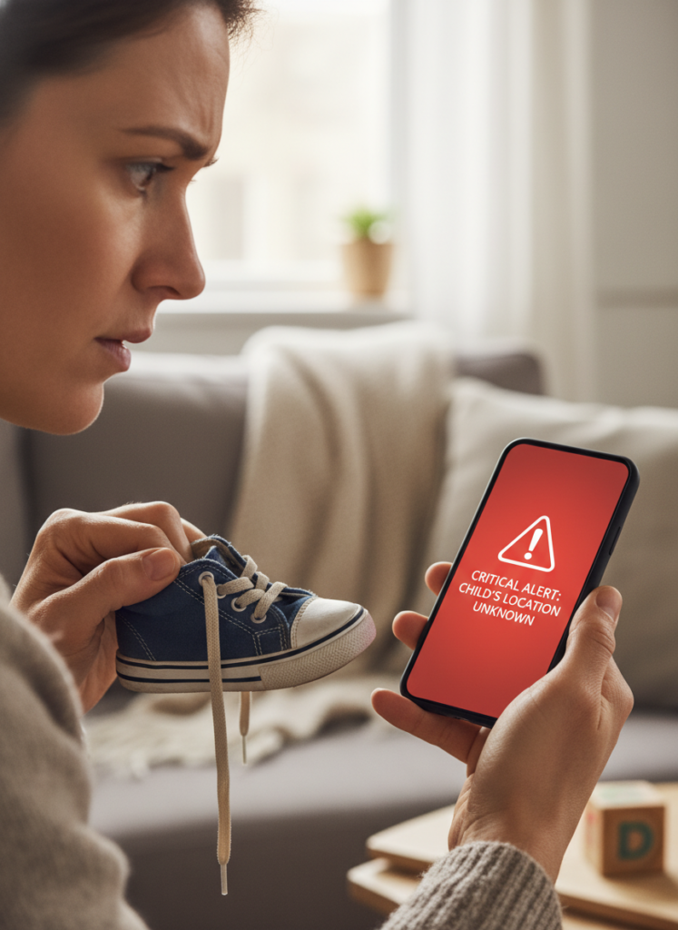 Mutter prüft Kinderschuhe auf Rückrufwarnungen auf dem Smartphone