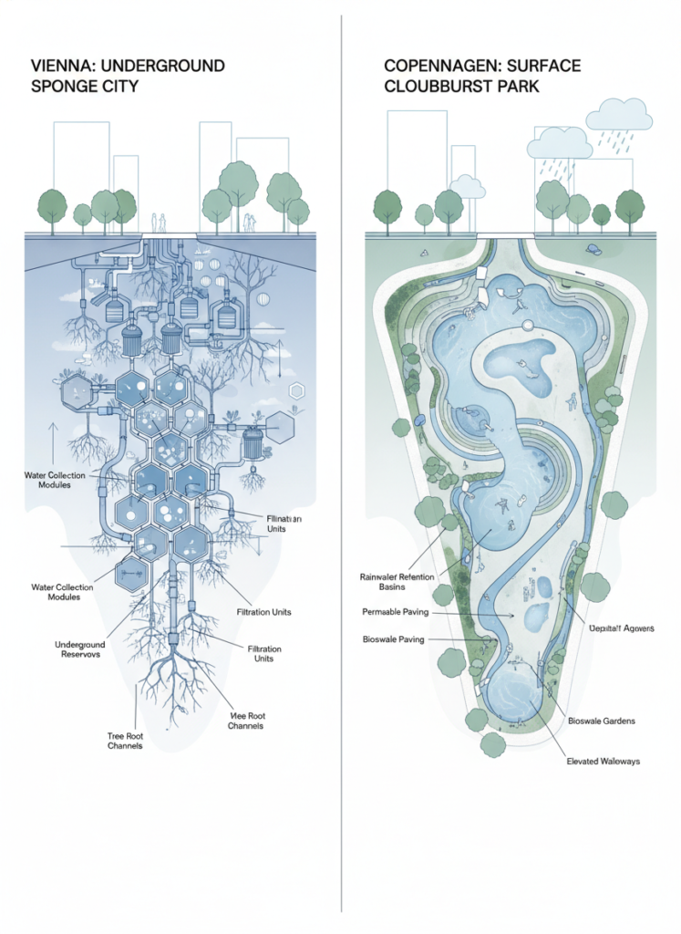 Vergleich der Schwammstadt Wien mit dem Kopenhagener Cloudburst-System
