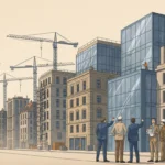 Architekten analysieren Bauen im Bestand und moderne Neubauten vor einer Kulisse aus Kränen und Gerüsten 2026.