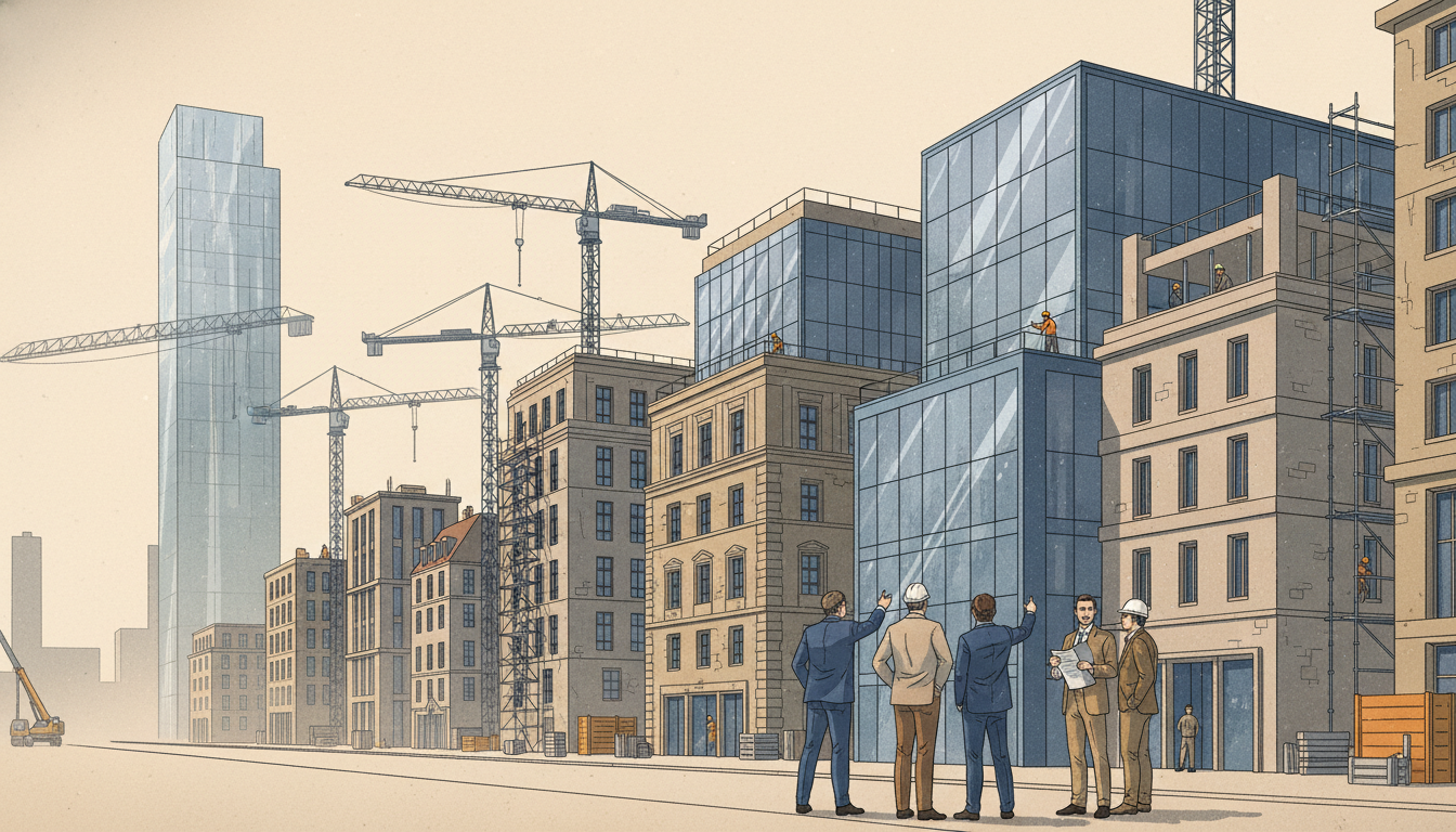 Architekten analysieren Bauen im Bestand und moderne Neubauten vor einer Kulisse aus Kränen und Gerüsten 2026.