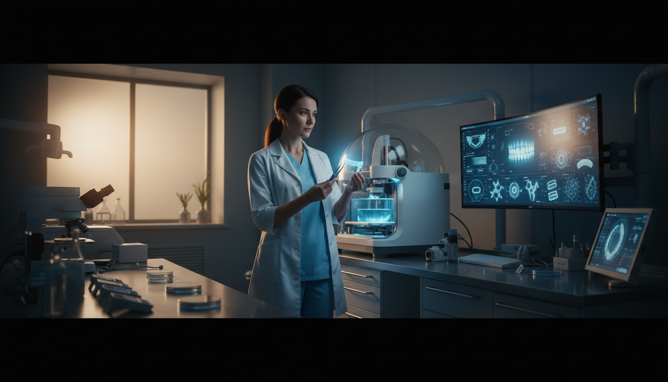 Forscherin testet 3D-Zahnelement für Artem Care Portfolio-Erweiterung 2026 als wissenschaftliche dentale Revolution.