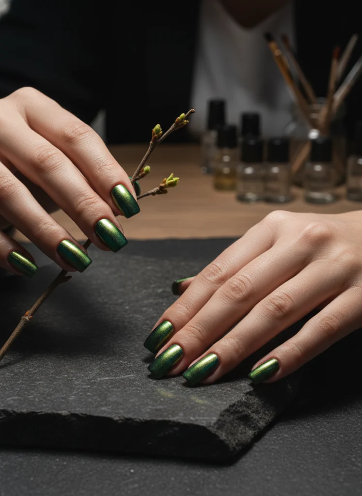 Käfergrüne Duo-Chrome-Nägel mit Gold-Blau-Schimmer halten einen Zweig über Schiefer für ein mysteriöses Nageldesign.
