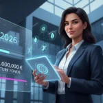 Frau mit Tablet vor Hologramm für den 100-Millionen-Euro Beiersdorf Venture-Fonds für Skincare-Tech im Jahr 2026.