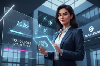 Frau mit Tablet vor Hologramm für den 100-Millionen-Euro Beiersdorf Venture-Fonds für Skincare-Tech im Jahr 2026.