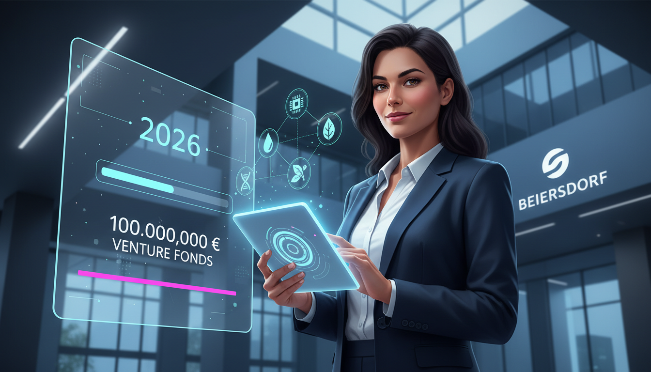Frau mit Tablet vor Hologramm für den 100-Millionen-Euro Beiersdorf Venture-Fonds für Skincare-Tech im Jahr 2026.