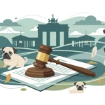 Richterhammer auf Dokument vor Brandenburger Tor und Möpsen zum Berliner Urteil gegen Qualzucht brachycephaler Rassen.