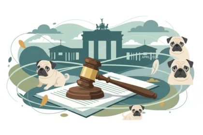 Richterhammer auf Dokument vor Brandenburger Tor und Möpsen zum Berliner Urteil gegen Qualzucht brachycephaler Rassen.