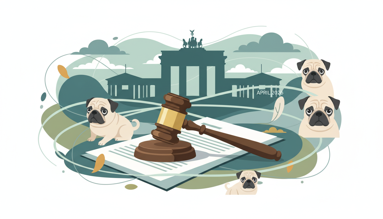 Richterhammer auf Dokument vor Brandenburger Tor und Möpsen zum Berliner Urteil gegen Qualzucht brachycephaler Rassen.