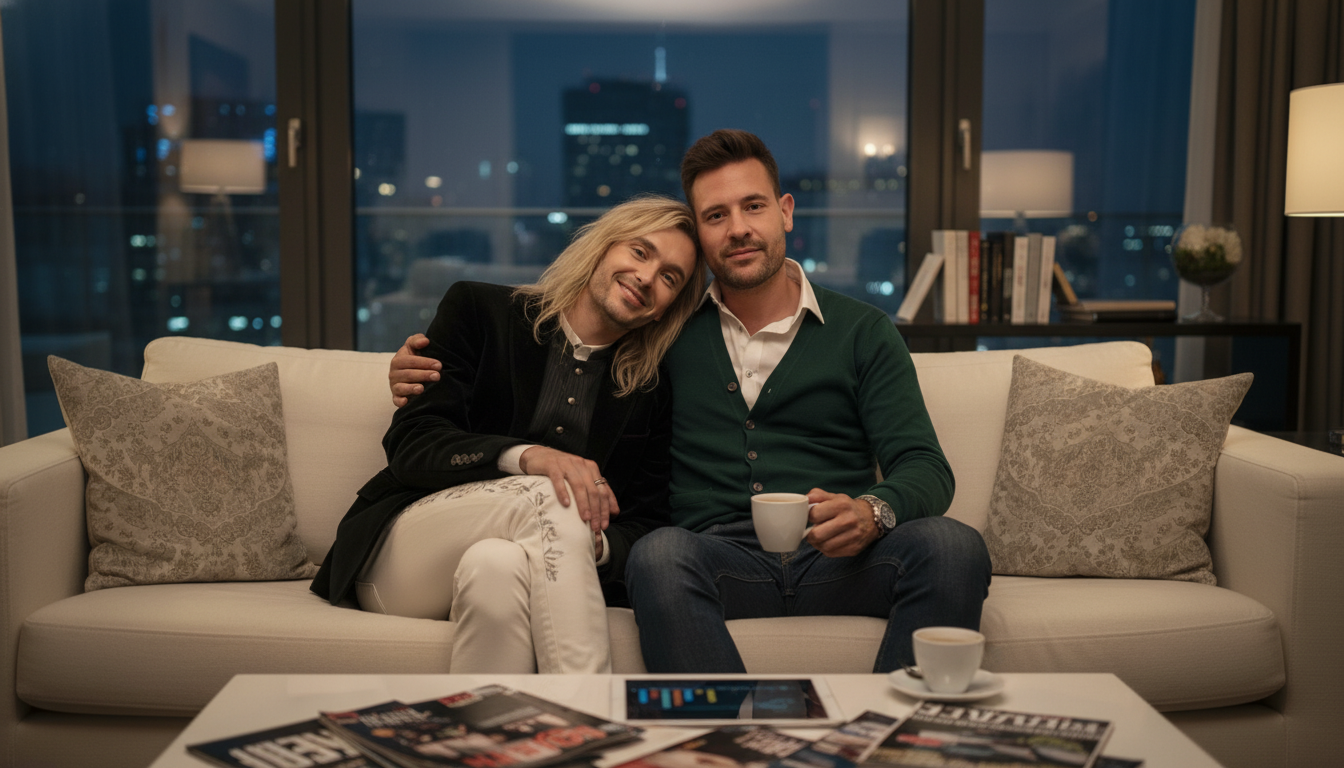 Bill Kaulitz und sein neuer Freund sitzen vertraut auf einem Sofa für die Beziehungs-Analyse 2026 in ihrer Wohnung.