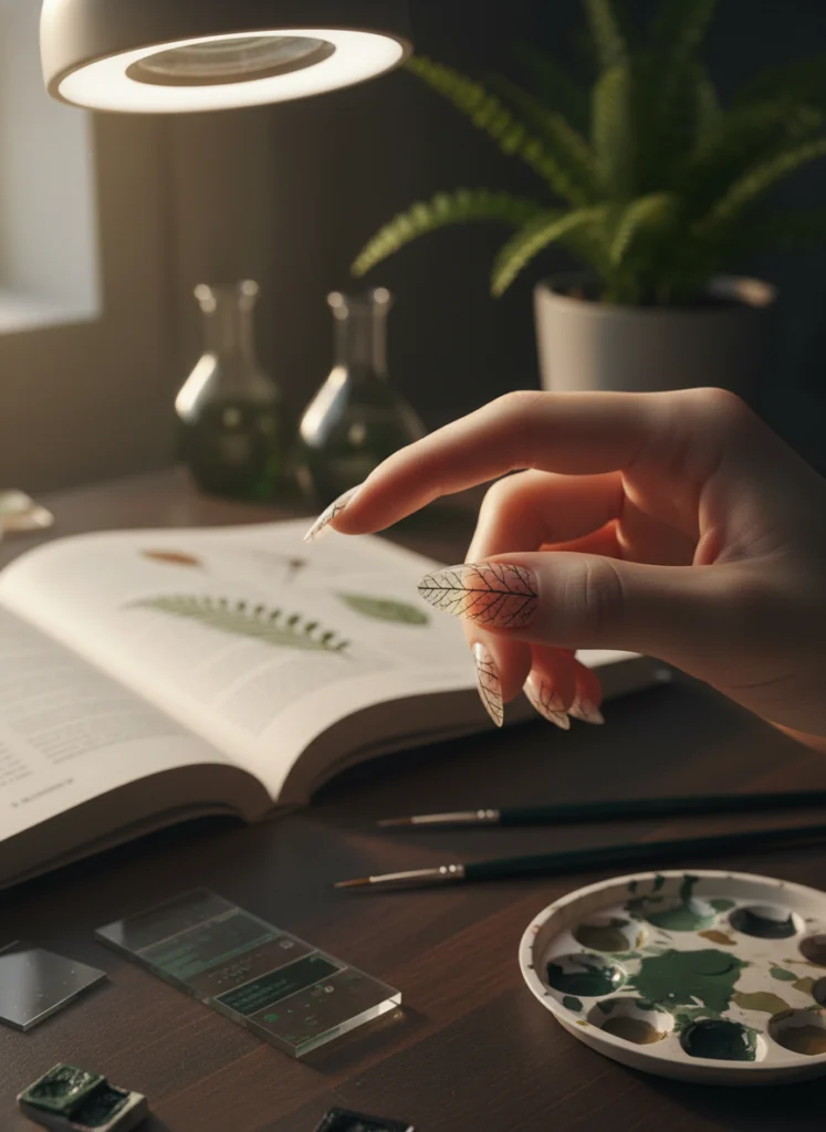 Filigranes Ader-Netzwerk eines Blattes auf durchsichtigen Nägeln vereint Wissenschaft und Beauty am Zeichentisch.