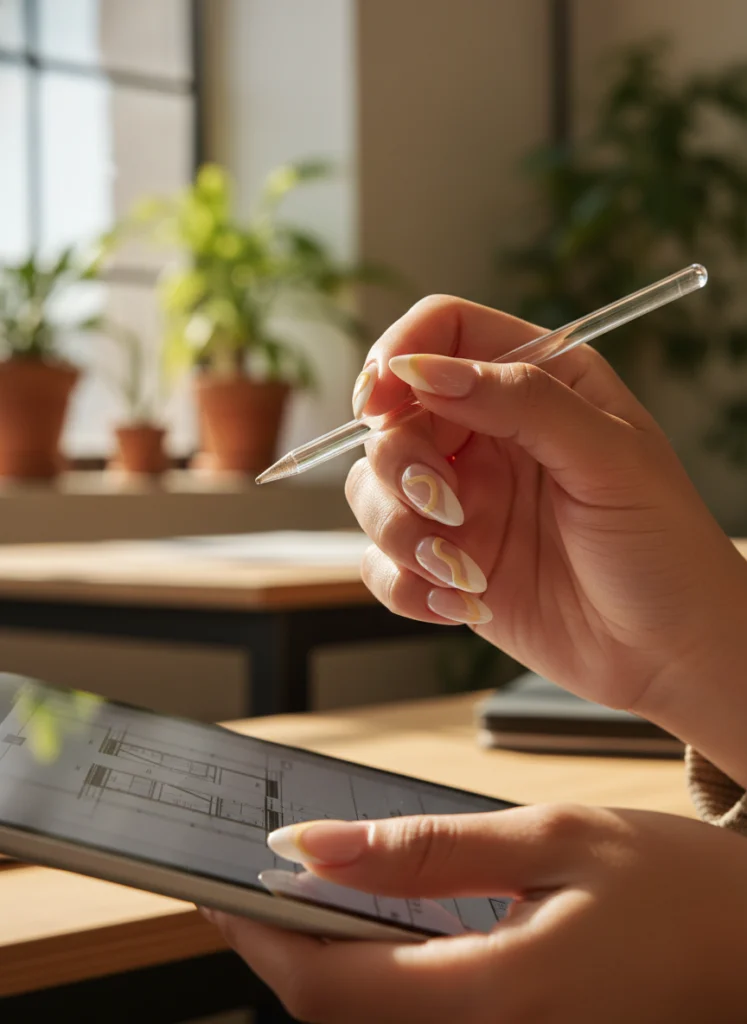 Buttergelbe abstrakte Wellen auf Naturnägeln im Negative Space Look beim Arbeiten mit Tablet und klarem Eingabestift.