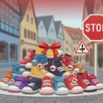 Bunte Kinderschuhe mit Stoppschild und Warnhinweisen symbolisieren den großen Kinderschuh-Rückruf in Deutschland.