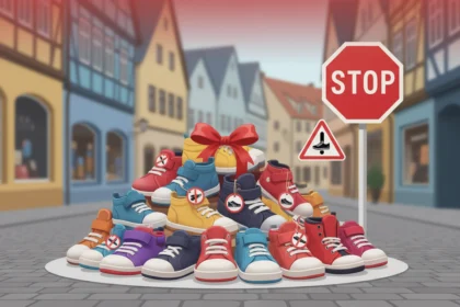 Bunte Kinderschuhe mit Stoppschild und Warnhinweisen symbolisieren den großen Kinderschuh-Rückruf in Deutschland.