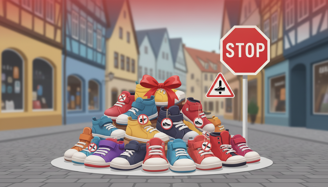 Bunte Kinderschuhe mit Stoppschild und Warnhinweisen symbolisieren den großen Kinderschuh-Rückruf in Deutschland.