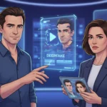 Christian Ulmen und Collien Fernandes analysieren Deepfake-Skandal in einem Labor mit futuristischen Hologrammen.