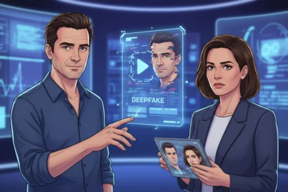 Christian Ulmen und Collien Fernandes analysieren Deepfake-Skandal in einem Labor mit futuristischen Hologrammen.