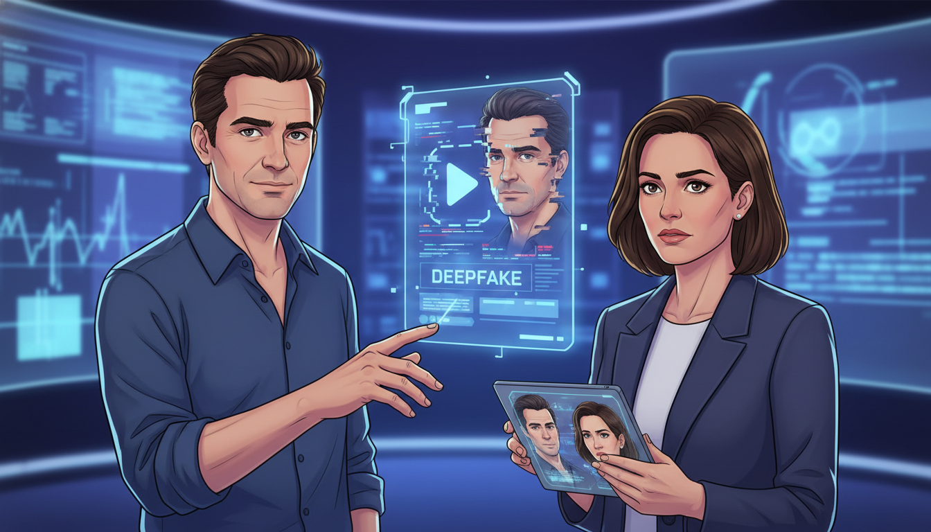Christian Ulmen und Collien Fernandes analysieren Deepfake-Skandal in einem Labor mit futuristischen Hologrammen.