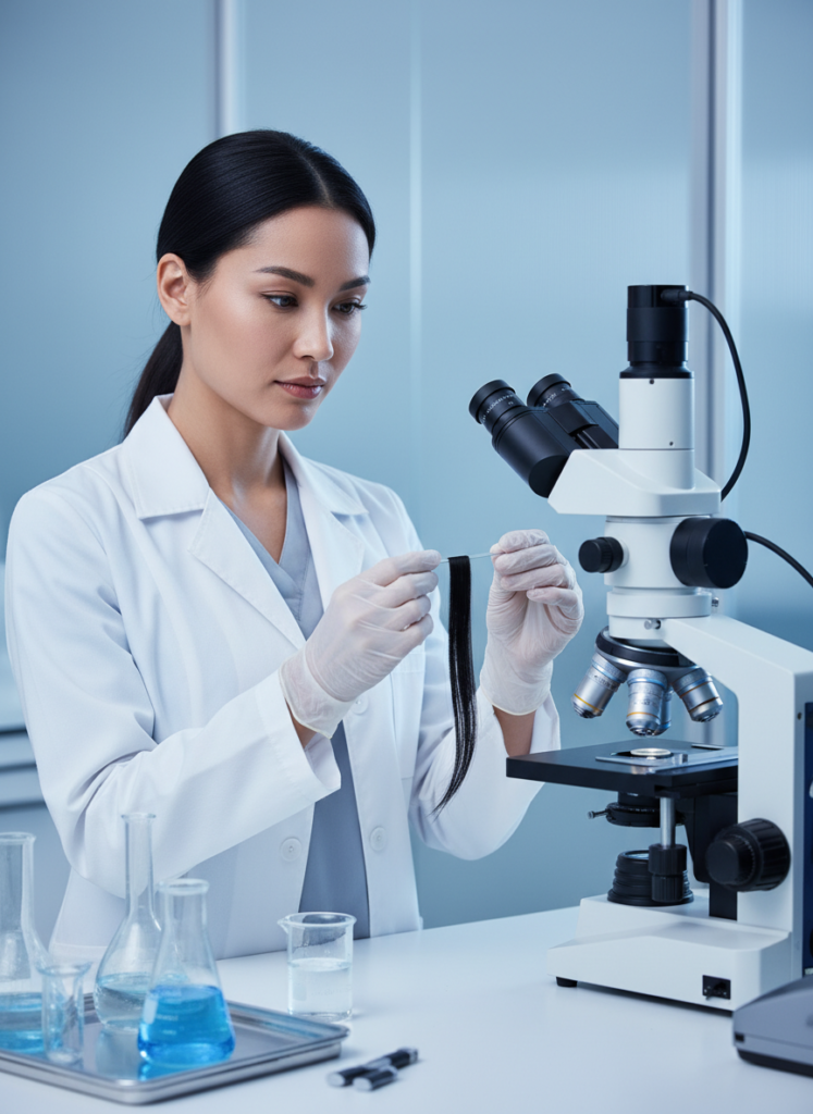 Kosmetikchemikerin analysiert die Haarcortex-Struktur unter einem Mikroskop im Labor