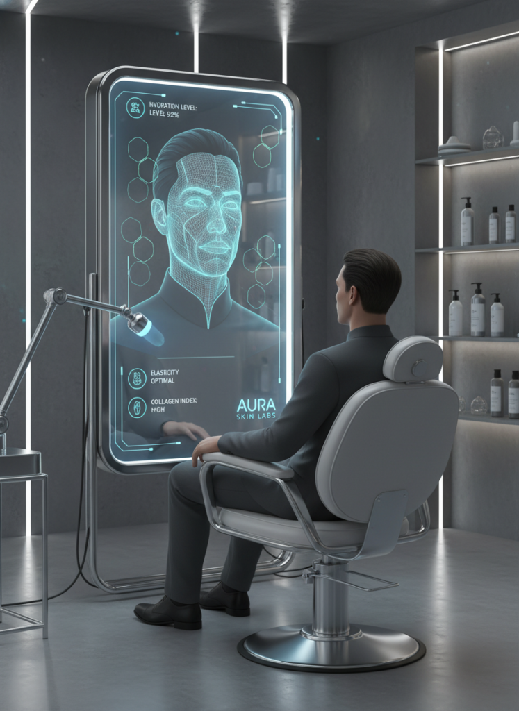 KI Hautanalyse für Männer auf einem Smart Mirror im Salon