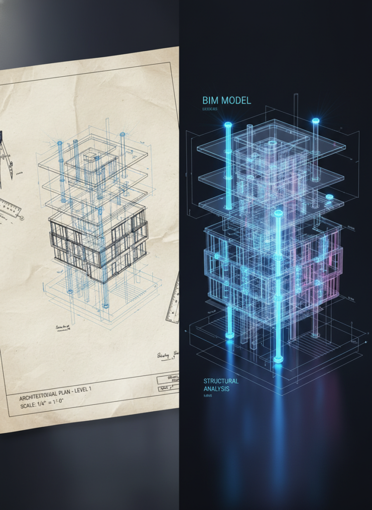 Vergleich zwischen 2D Papierplan und strukturiertem XBau BIM-Modell