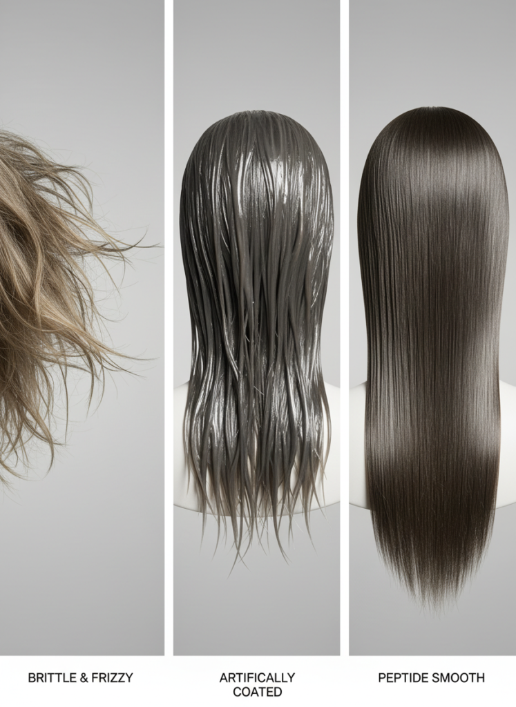 Vergleich von unbehandeltem Haar, silikonbeschichtetem Haar und durch Peptide repariertem Glass Hair