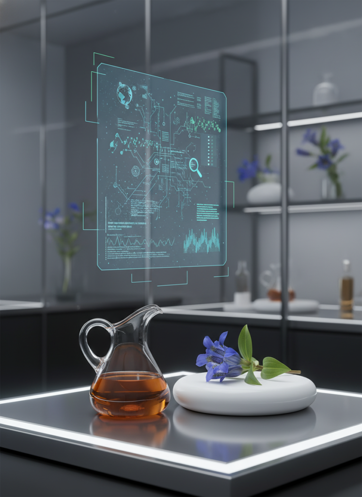 Alpiner Enzianextrakt neben modernen Laborgeräten zur KI-gestützten Analyse