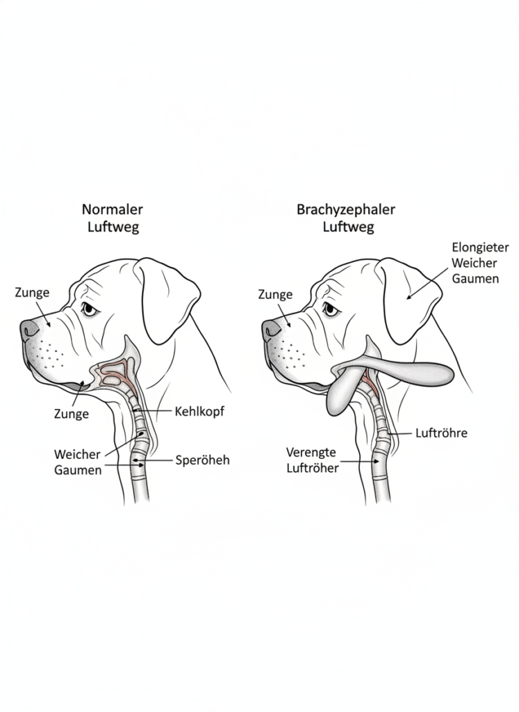 Medizinische Illustration des Brachyzephalen Obstruktiven Atemwegssyndroms (BOAS) im Vergleich zu gesunden Atemwegen