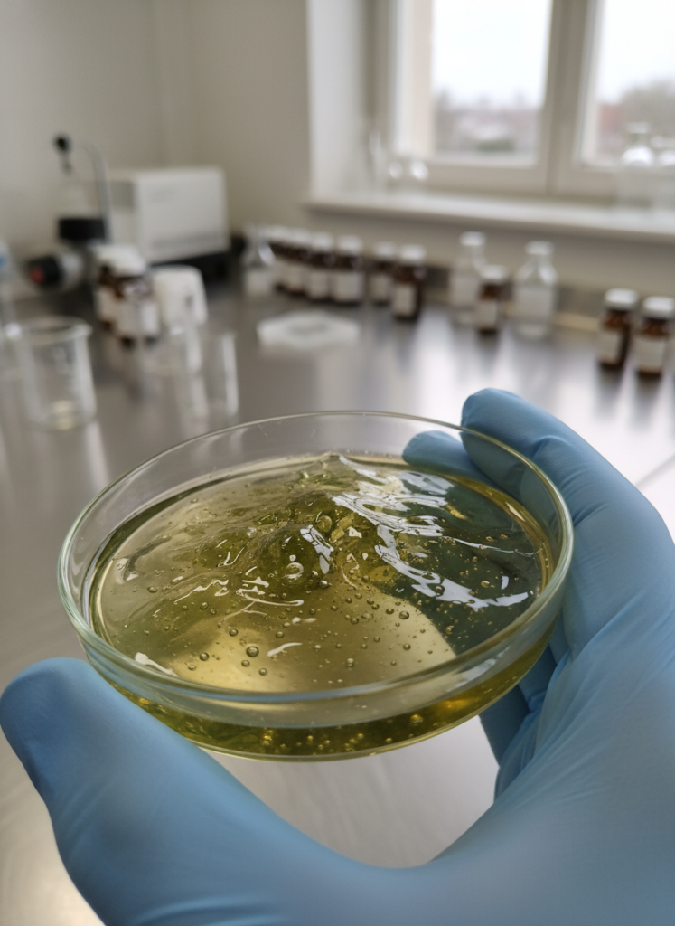 Makroaufnahme von biotechnologischem Algenextrakt in einer Petrischale im Kosmetiklabor