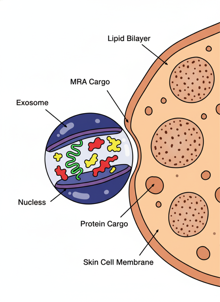 Diagramm der Wirkungsweise von Exosomen und ihrer Lipiddoppelschicht in der Hautpflege