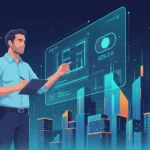 Architekt plant mit Tablet vor einem digitalen Bauantrag und futuristischer Stadtgrafik im Zeitalter des OZG 2.0.