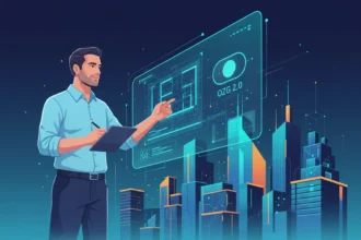 Architekt plant mit Tablet vor einem digitalen Bauantrag und futuristischer Stadtgrafik im Zeitalter des OZG 2.0.