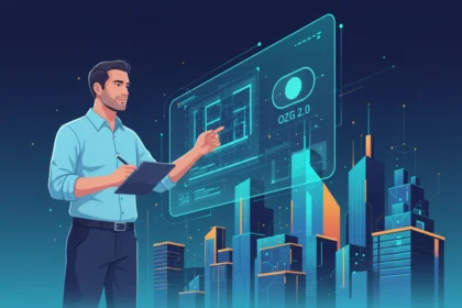 Architekt plant mit Tablet vor einem digitalen Bauantrag und futuristischer Stadtgrafik im Zeitalter des OZG 2.0.