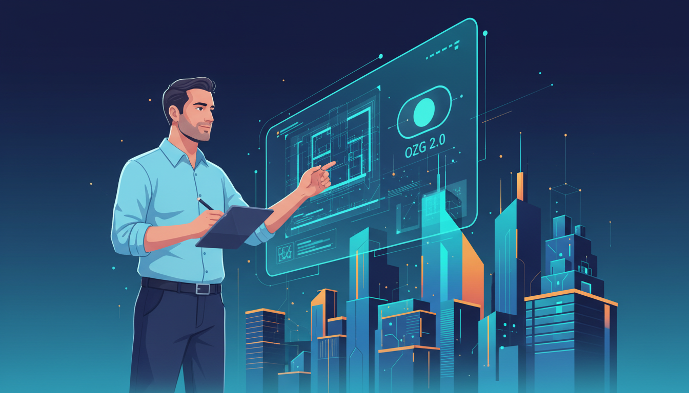 Architekt plant mit Tablet vor einem digitalen Bauantrag und futuristischer Stadtgrafik im Zeitalter des OZG 2.0.