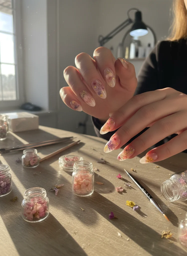Echte getrocknete Blüten in klarem Aufbau-Gel als Terrarium-Design auf eleganten Fingernägeln, wahre Handwerkskunst.