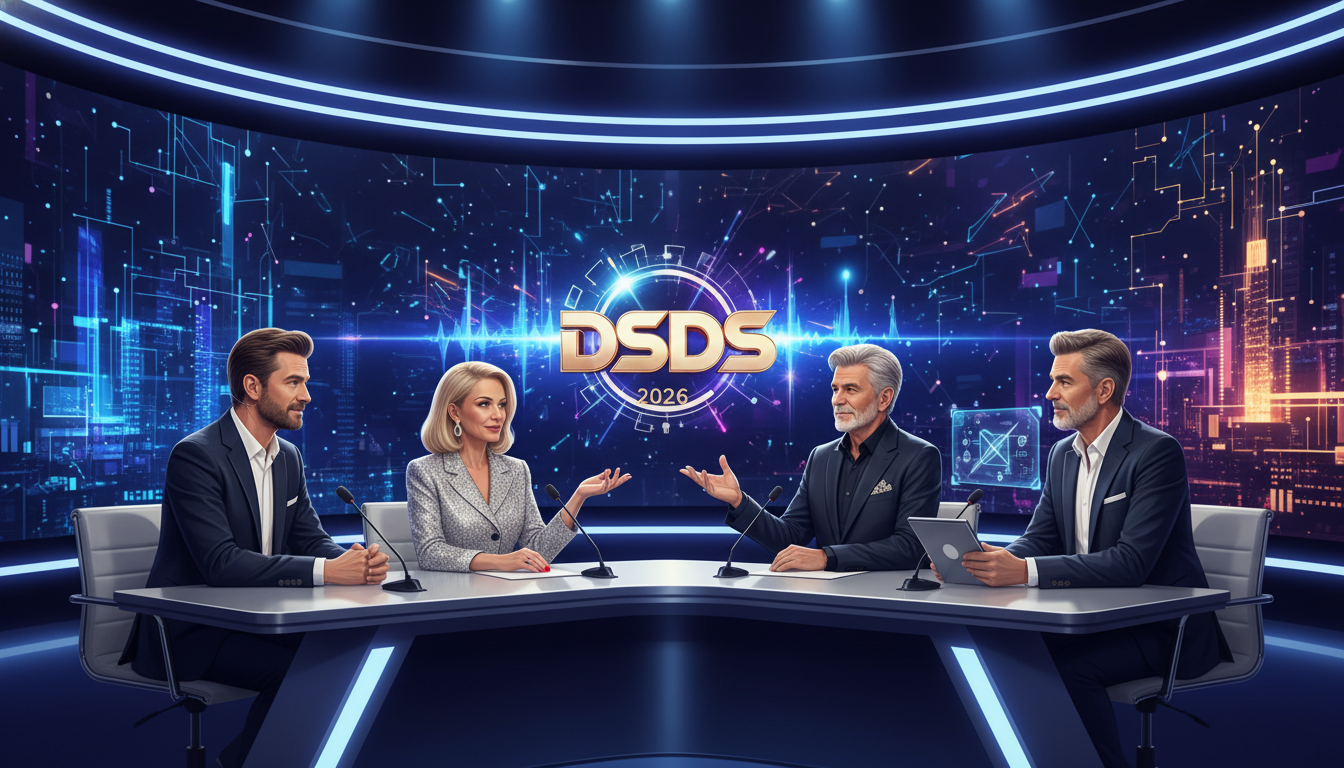 Die DSDS Final Season Jury 2026 in einem digitalen Studio für die ultimative Analyse der Castingshow-Zukunft.