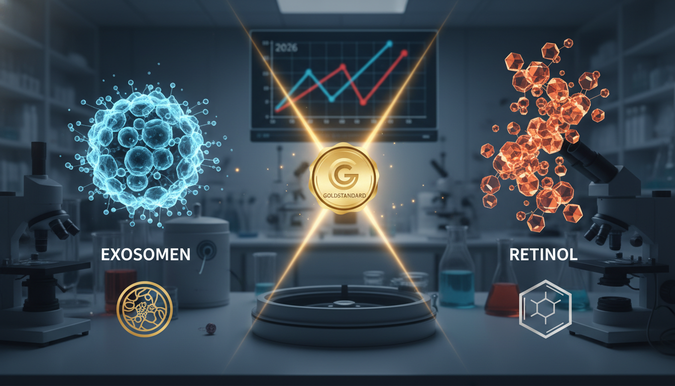 Exosomen vs. Retinol im finalen Goldstandard-Test 2026 mit glühenden Molekülen in einem modernen Labor.