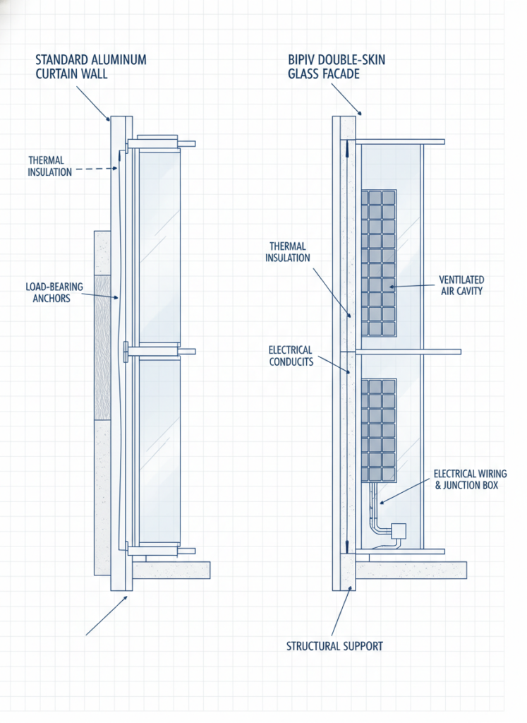 Technischer Querschnitt und Vergleich zwischen Aluminium-Vorhangfassade und BIPV-System