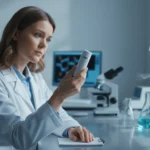 Wissenschaftlerin im Labor untersucht Kosmetiktube bezüglich des FDA-Verbots von PFAS für deutsche Verbraucher.