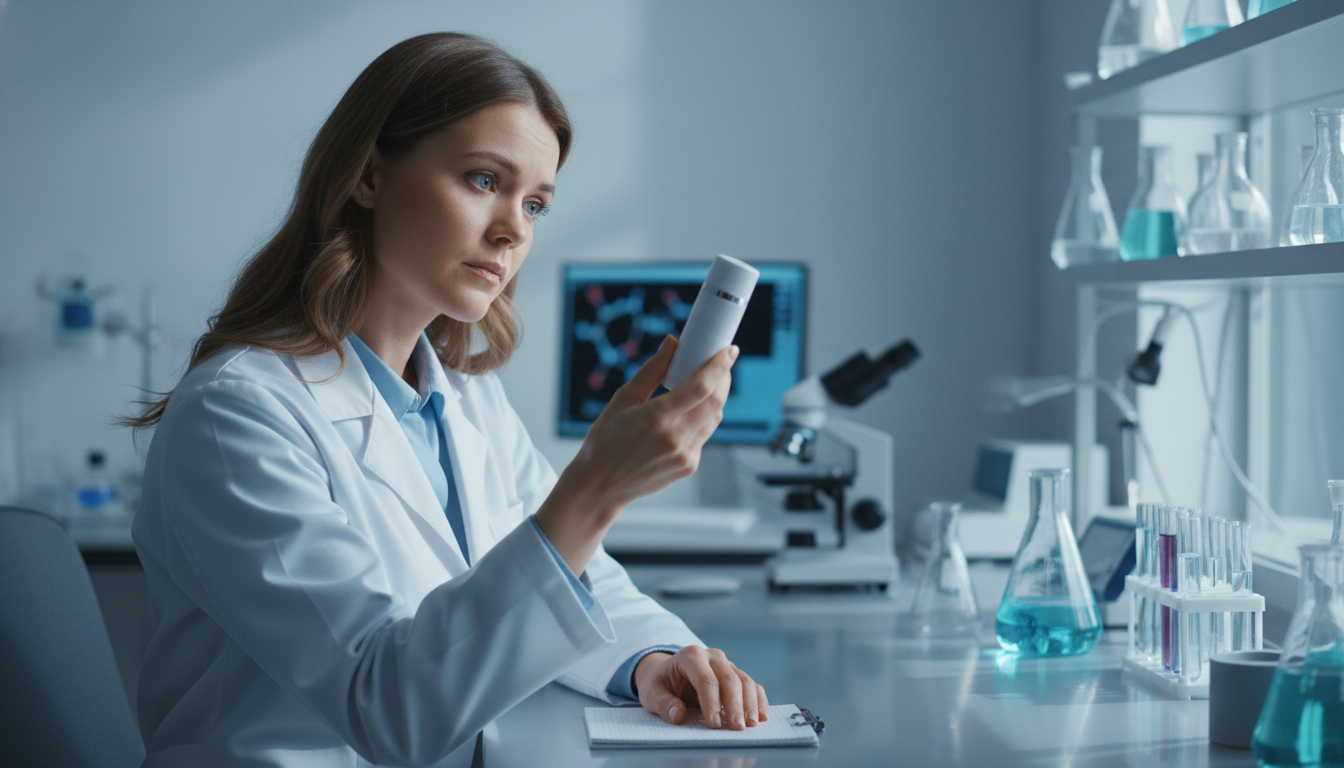 Wissenschaftlerin im Labor untersucht Kosmetiktube bezüglich des FDA-Verbots von PFAS für deutsche Verbraucher.