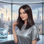 Frau mit glänzendem Glass Hair im Berliner Zukunftslabor beim Peptid-Trend 2026 Experten-Test vor Stadtkulisse.