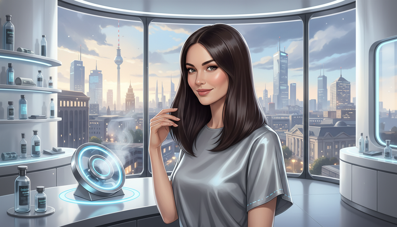 Frau mit glänzendem Glass Hair im Berliner Zukunftslabor beim Peptid-Trend 2026 Experten-Test vor Stadtkulisse.