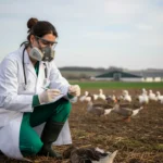 Veterinärin mit Atemschutzmaske bei einer Veterinär-Analyse zum H5N1 Ausbruch in Niedersachsen auf einem Gänsehof.
